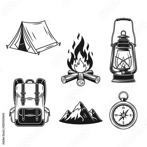 Adventure awaits with this collection of classic camping gear icons featuring a tent, campfire, lantern, backpack, mountains, and compass for your next outdoor project.