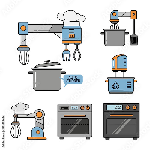 Innovative kitchen automation robots preparing food and modern ovens for smart cooking efficiency and culinary convenience