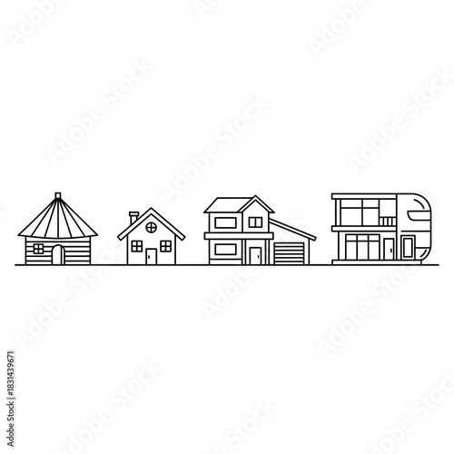Diverse home designs from cozy cabins to modern residences create a vibrant architectural streetscape illustration