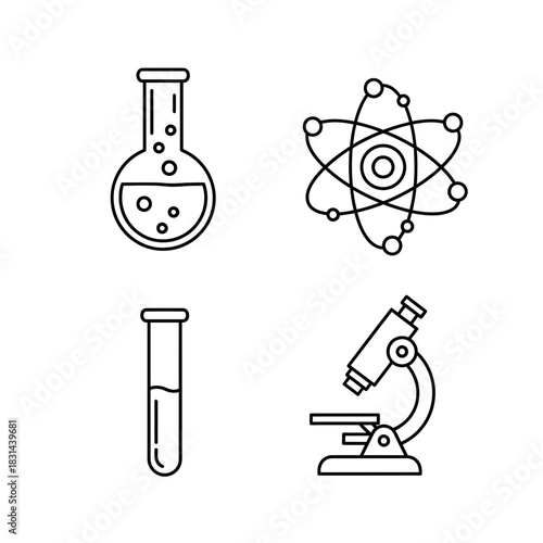 Explore scientific discovery with icons of a bubbling flask, atom model, test tube, and microscope for research and innovation visuals.