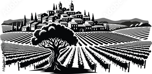 Tuscan hillside village amidst vineyards illustrated in a monochrome woodcut style