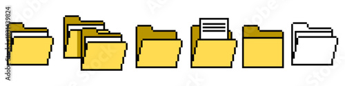 Set Pixel Folder File Icon Vector Ideal for gaming interfaces, data storage, digital file organization, retro tech graphics 8-bit style. Symbolizes simple directory, data and digital organization