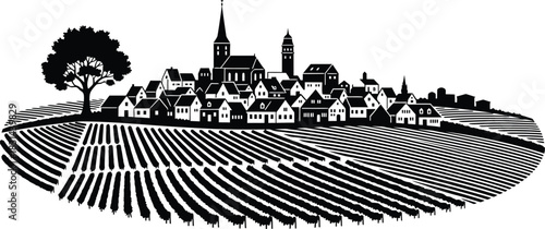 A detailed black and white illustration of a townscape and rolling fields