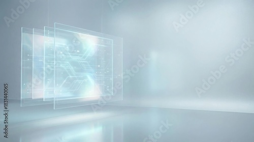 A conceptual AI design with floating glass-like transparent layers representing cognitive AI processing, calm blue tones, and wide copy space for text. Suitable for AI presentations, websites, and pro
