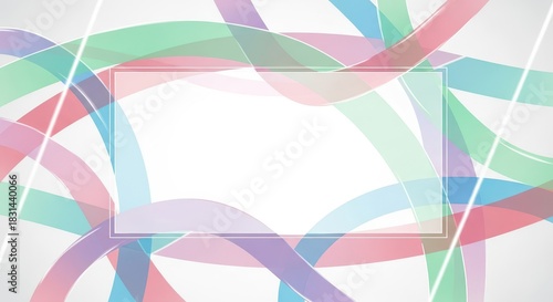 Overlapping translucent ribbons create an abstract pastel background with a central copy space