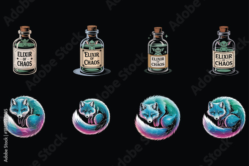 Four bottles of elixir of chaos with cute goblins and four geometric foxes Keywords: bottle