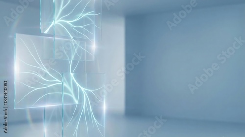 A conceptual AI design with floating glass-like transparent layers representing cognitive AI processing, calm blue tones, and wide copy space for text. Suitable for AI presentations, websites, and pro