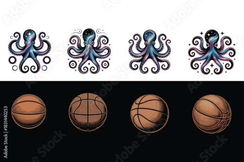 Four cosmic octopuses and four vintage basketballs Keywords: octopus, cephalopod, marine life