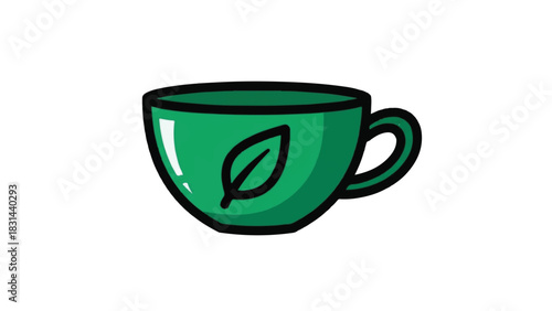 Green tea cup with leaf symbol illustration.