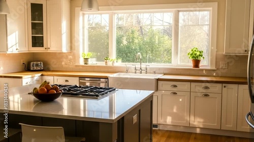 Sunlit Kitchen Interior with Island and Window View: A Bright and Modern Home Cooking Space