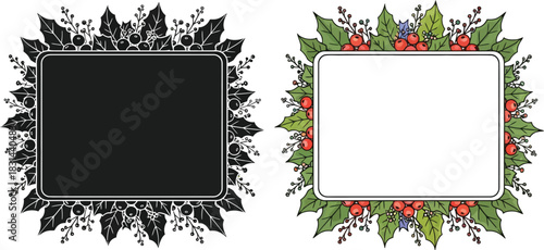 Two decorative frames adorned with detailed holly and berry foliage designs