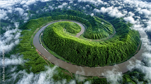 Aerial view showcases a winding river carving through lush, green, forested hills, partially obscured by clouds