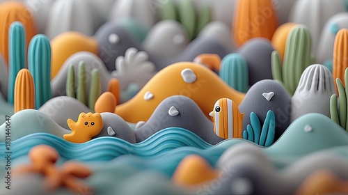 Fototapeta Naklejka Na Ścianę i Meble -  A whimsical cartoon scene featuring colorful ocean elements, including waves, sea creatures, and stylized landscapes.