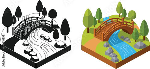 Isometric bridge and landscape a color and monochrome illustration comparison
