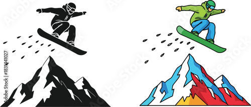 Snowboarders in action a colorful and monochrome illustration with mountainous terrain