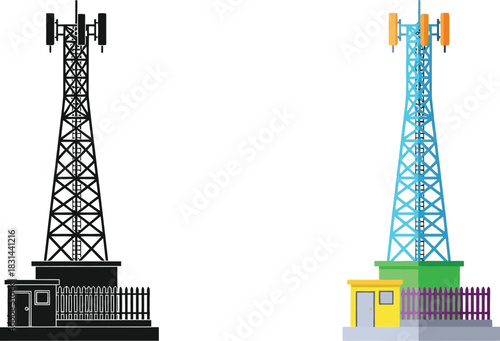 Two cellular communication towers displayed in contrasting color schemes isolated on white