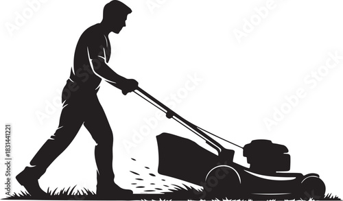 silhouette of a man mowing the lawn with a push mower, capturing a clean and simple outdoor scene