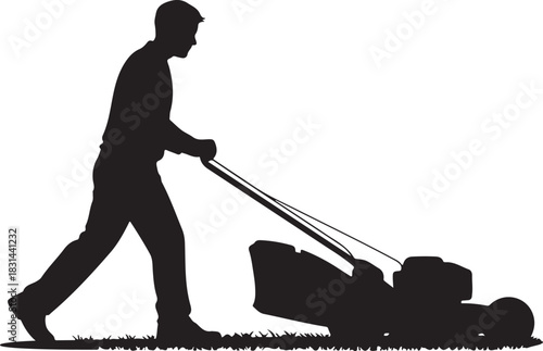 silhouette of a man mowing the lawn with a push mower, capturing a clean and simple outdoor scene