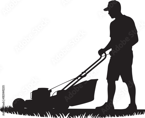 silhouette of a man mowing the lawn with a push mower, capturing a clean and simple outdoor scene