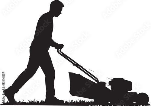 silhouette of a man mowing the lawn with a push mower, capturing a clean and simple outdoor scene