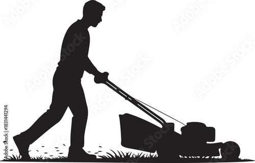 silhouette of a man mowing the lawn with a push mower, capturing a clean and simple outdoor scene