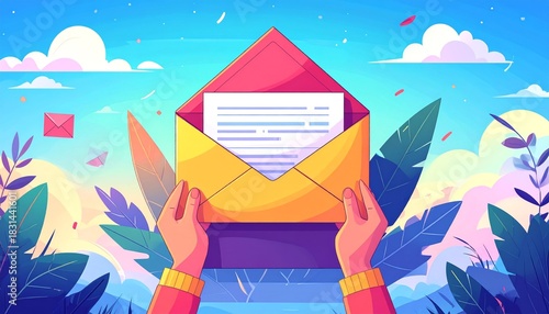 Email concept with hands and envelope.