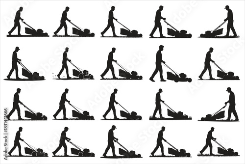 silhouette of a man mowing the lawn with a push mower, capturing a clean and simple outdoor scene