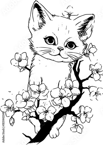 cat with a tree. Flower illlustration design 