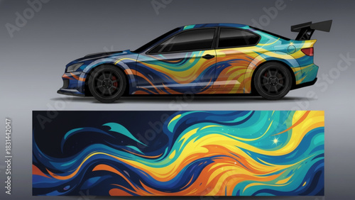 A sporty car with a vibrant, colorful circuit board-inspired graphic wrap design, showcasing the full pattern below.