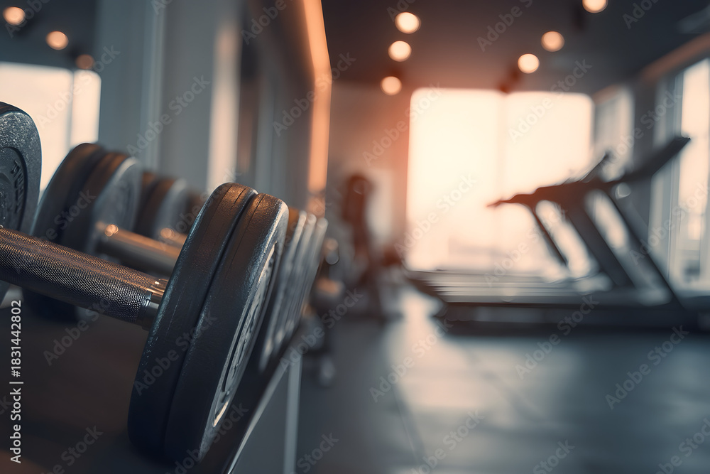 Fototapeta premium A soft-focus gym scene showcasing out-of-focus dumbbells in the foreground and a treadmill subtly blurred in the background