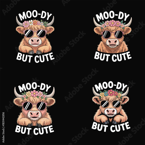 Highland Cow Wearing Sunglasses And Flower Crown Moo Dy But Cute animal bull