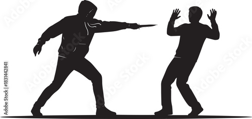 Criminal threatening victim with knife silhouette. Street robber attacking scared man, mugging scenario, and violence concept vector illustration.