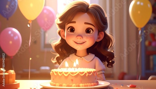 Girl smiles at birthday cake.
