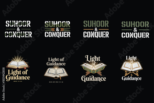 Islamic calligraphy and religious texts with decorative elements Keywords: suhoor, conquer