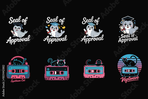 Adorable seals with graduation caps and retro synthwave cassette tapes diploma approval
