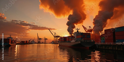 Fire at the port. Explosion and fire in containers on a cargo ship and at the logistics port.