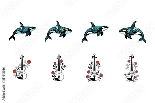 Orca whales with floral patterns and violins with roses killer whale marine life