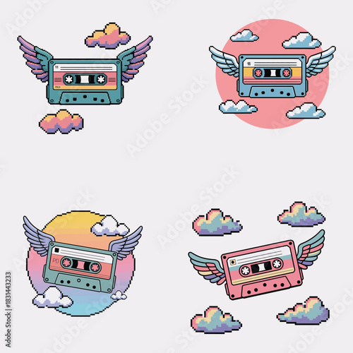 Pixel Art Cassette Tape With Wings Flying Through Clouds Keywords: cassette tape, audio, music