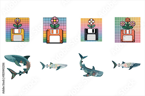Pixel art floppy disks with flowers and floral patterned sharks and whale sharks Keywords: pixel