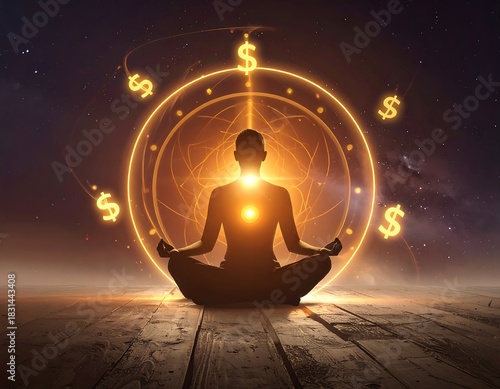 Silhouette meditating, money symbols, cosmic background, light emanating