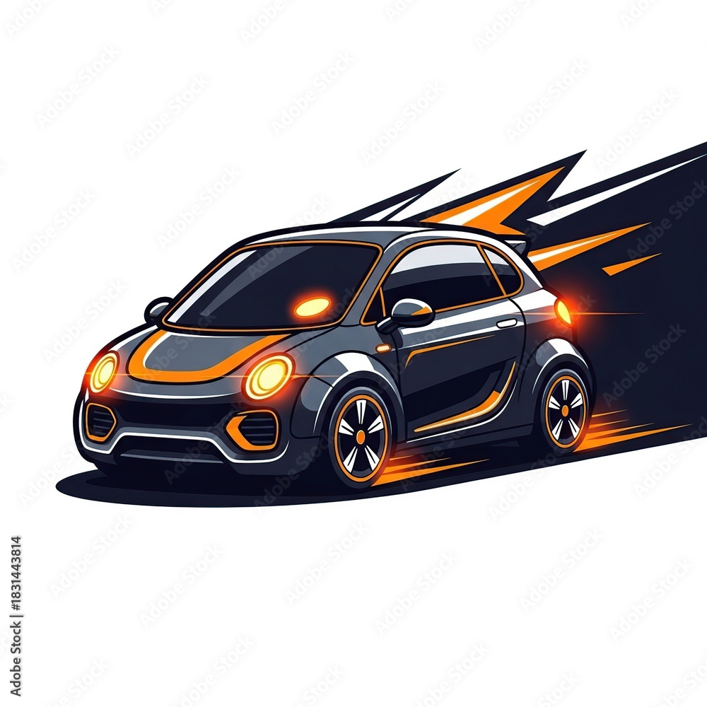 Fototapeta premium Black Compact Car Moving Fast with Orange Lightning Strikes and Trail in Dark Background
