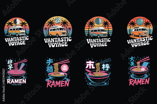 Retro van life and ramen bowls with Japanese text and disco balls Keywords: retro, van, voyage