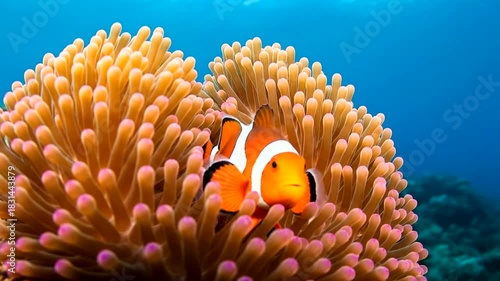 Vibrant clownfish seeking shelter among the tentacles of a colorful sea anemone reef habitat