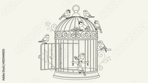 hand drawn illustration of a bird in cage