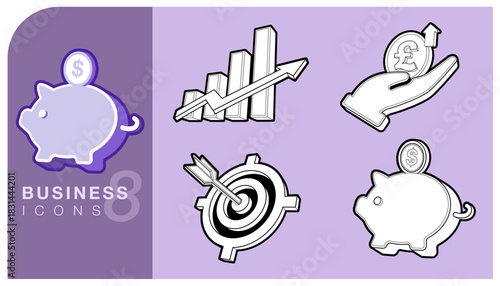 Set of business icons representing financial planning, investment and goal setting. piggy bank for saving, bar chart for growth, hand holding pound sterling and target with an arrow for business.