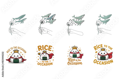 Whales with dandelions and onigiri characters with crowns ocean animal