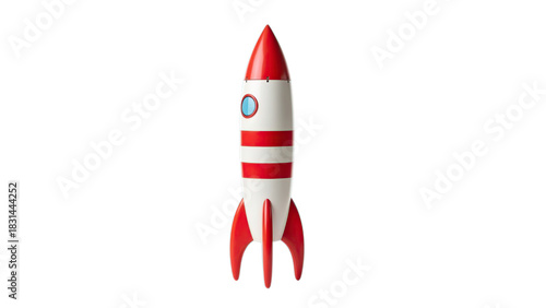 Whimsical red and white 3D rocket flying upwards symbolizing business startup launch innovation isolated on transparent background