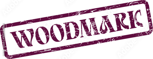 Distressed purple rubber stamp impression featuring the word WOODMARK for product authentication and branding
