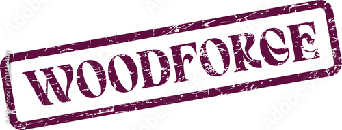 Distressed purple rubber stamp impression featuring the word WOODFORCE for branding and official use