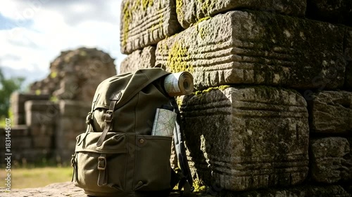 Vintage Backpack Resting Against Weathered Stone Wall in Ancient Ruins, adventure awaits